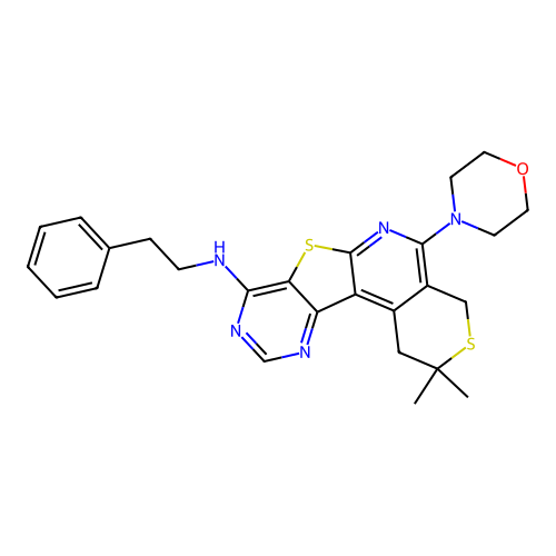 2,2-dimethyl-5-(morpholin-4-yl)-N-(2-phenylethyl)-1,4-dihydro-2H-thiopyrano[4'',3'':4',5']pyrido[3',2':4,5]thieno[3,2-d]pyrimidin-8-amine structure