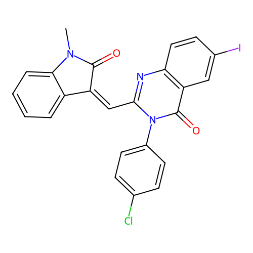 3-(4-chlorophenyl)-6-iodo-2-[(1-methyl-2-oxo-indol-3-ylidene)methyl]quinazolin-4-one structure