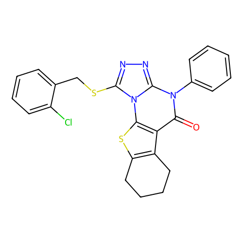 1-((2-chlorobenzyl)thio)-4-phenyl-6,7,8,9-tetrahydrobenzo[4,5]thieno[3,2-e][1,2,4]triazolo[4,3-a]pyrimidin-5(4H)-one structure
