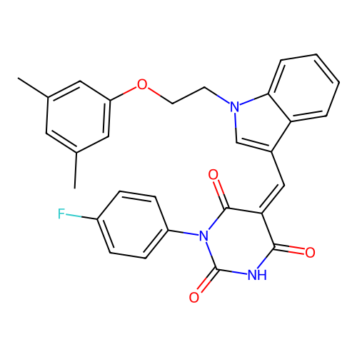 (5Z)-5-({1-[2-(3,5-dimethylphenoxy)ethyl]-1H-indol-3-yl}methylidene)-1-(4-fluorophenyl)pyrimidine-2,4,6(1H,3H,5H)-trione structure