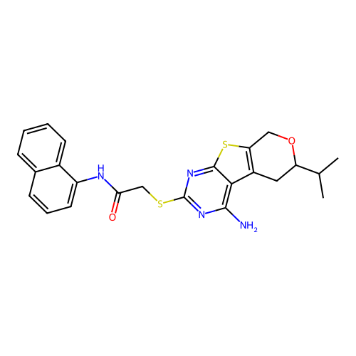 2-((4-amino-6-isopropyl-6,8-dihydro-5H-pyrano[4',3':4,5]thieno[2,3-d]pyrimidin-2-yl)thio)-N-(naphthalen-1-yl)acetamide structure
