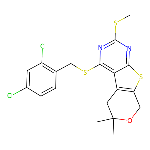 4-((2,4-dichlorobenzyl)thio)-6,6-dimethyl-2-(methylthio)-6,8-dihydro-5H-pyrano[4',3':4,5]thieno[2,3-d]pyrimidine structure