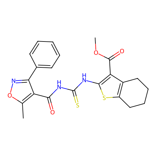 methyl 2-({[(5-methyl-3-phenyl-1,2-oxazol-4-yl)carbonyl]carbamothioyl}amino)-4,5,6,7-tetrahydro-1-benzothiophene-3-carboxylate structure
