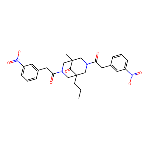1-methyl-3,7-bis[(3-nitrophenyl)acetyl]-5-propyl-3,7-diazabicyclo[3.3.1]nonan-9-one structure
