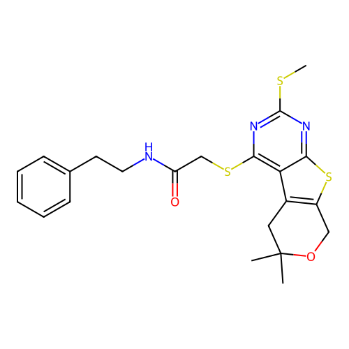 2-{[6,6-dimethyl-2-(methylsulfanyl)-5,8-dihydro-6H-pyrano[4',3':4,5]thieno[2,3-d]pyrimidin-4-yl]sulfanyl}-N-(2-phenylethyl)acetamide structure