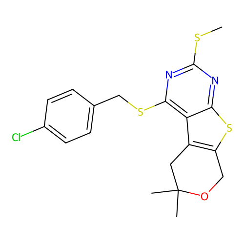 4-((4-chlorobenzyl)thio)-6,6-dimethyl-2-(methylthio)-6,8-dihydro-5H-pyrano[4',3':4,5]thieno[2,3-d]pyrimidine structure