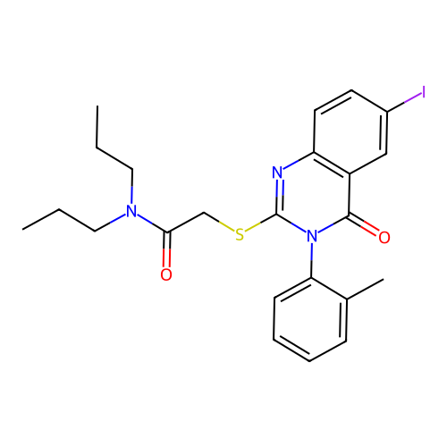 2-((6-iodo-4-oxo-3-(o-tolyl)-3,4-dihydroquinazolin-2-yl)thio)-N,N-dipropylacetamide structure
