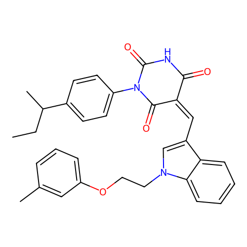 (5Z)-1-(4-butan-2-ylphenyl)-5-[[1-[2-(3-methylphenoxy)ethyl]indol-3-yl]methylidene]-1,3-diazinane-2,4,6-trione structure