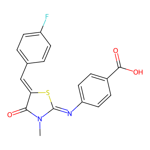 4-((E)-((Z)-5-(4-fluorobenzylidene)-3-methyl-4-oxothiazolidin-2-ylidene)amino)benzoic acid structure