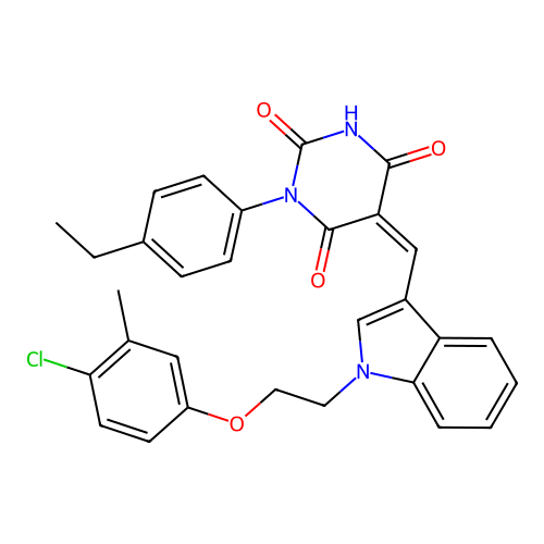 (5Z)-5-({1-[2-(4-chloro-3-methylphenoxy)ethyl]-1H-indol-3-yl}methylidene)-1-(4-ethylphenyl)pyrimidine-2,4,6(1H,3H,5H)-trione structure