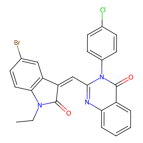 2-[(5-bromo-1-ethyl-2-oxo-indol-3-ylidene)methyl]-3-(4-chlorophenyl)quinazolin-4-one structure