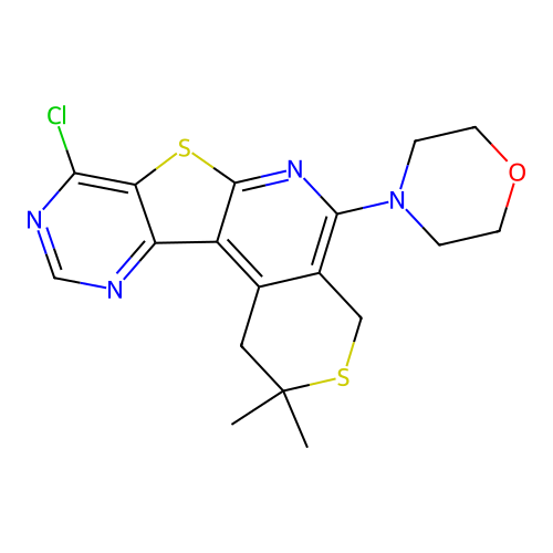 4-(8-chloro-2,2-dimethyl-2,4-dihydro-1H-thiopyrano[4'',3'':4',5']pyrido[3',2':4,5]thieno[3,2-d]pyrimidin-5-yl)morpholine structure