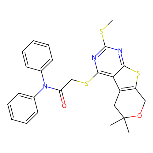 2-((6,6-dimethyl-2-(methylthio)-6,8-dihydro-5H-pyrano[4',3':4,5]thieno[2,3-d]pyrimidin-4-yl)thio)-N,N-diphenylacetamide structure