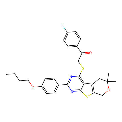 2-((2-(4-butoxyphenyl)-6,6-dimethyl-6,8-dihydro-5H-pyrano[4',3':4,5]thieno[2,3-d]pyrimidin-4-yl)thio)-1-(4-fluorophenyl)ethanone structure