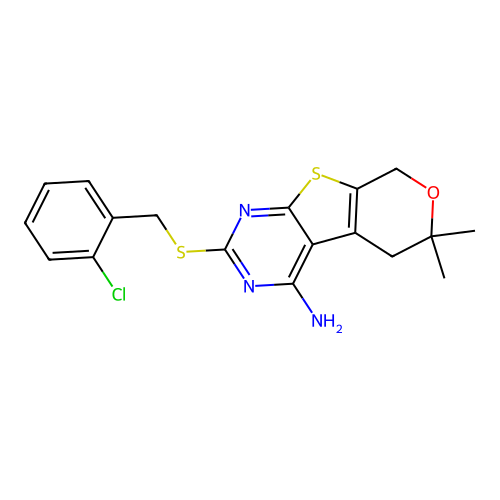 2-[(2-chlorobenzyl)sulfanyl]-6,6-dimethyl-5,8-dihydro-6H-pyrano[4',3':4,5]thieno[2,3-d]pyrimidin-4-amine structure