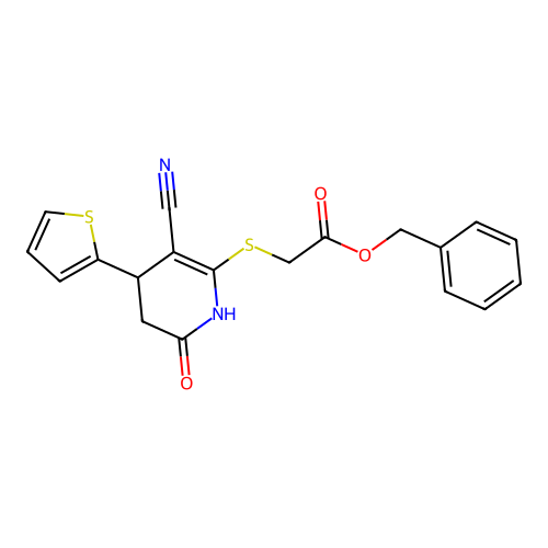 benzyl {[3-cyano-6-oxo-4-(thiophen-2-yl)-1,4,5,6-tetrahydropyridin-2-yl]sulfanyl}acetate structure