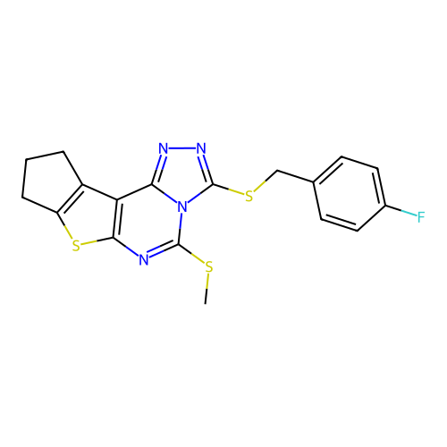 3-((4-fluorobenzyl)thio)-5-(methylthio)-9,10-dihydro-8H-cyclopenta[4,5]thieno[3,2-e][1,2,4]triazolo[4,3-c]pyrimidine structure