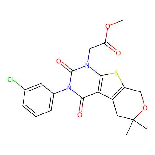 methyl [3-(3-chlorophenyl)-6,6-dimethyl-2,4-dioxo-3,4,5,8-tetrahydro-2H-pyrano[4',3':4,5]thieno[2,3-d]pyrimidin-1(6H)-yl]acetate structure