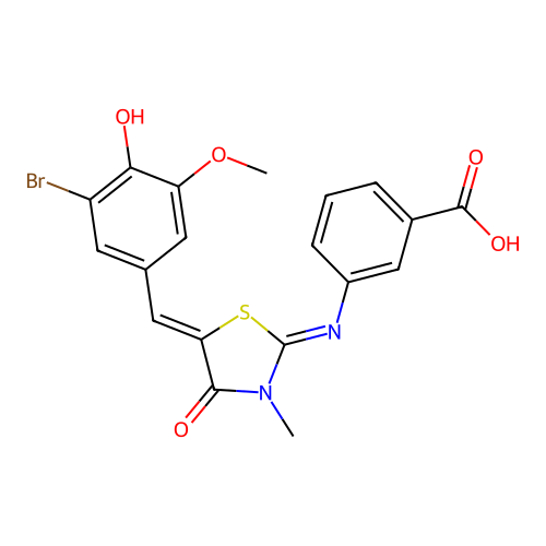 3-((E)-((Z)-5-(3-bromo-4-hydroxy-5-methoxybenzylidene)-3-methyl-4-oxothiazolidin-2-ylidene)amino)benzoic acid structure