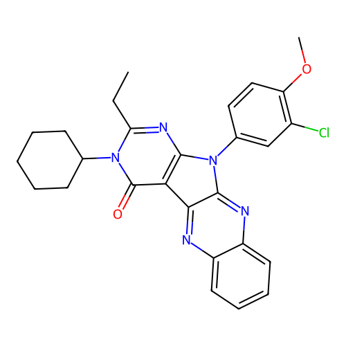 11-(3-chloro-4-methoxyphenyl)-3-cyclohexyl-2-ethyl-3,11-dihydro-4H-pyrimido[5',4':4,5]pyrrolo[2,3-b]quinoxalin-4-one structure