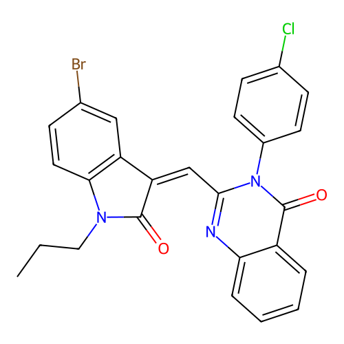 2-[(5-bromo-2-oxo-1-propyl-indol-3-ylidene)methyl]-3-(4-chlorophenyl)quinazolin-4-one structure