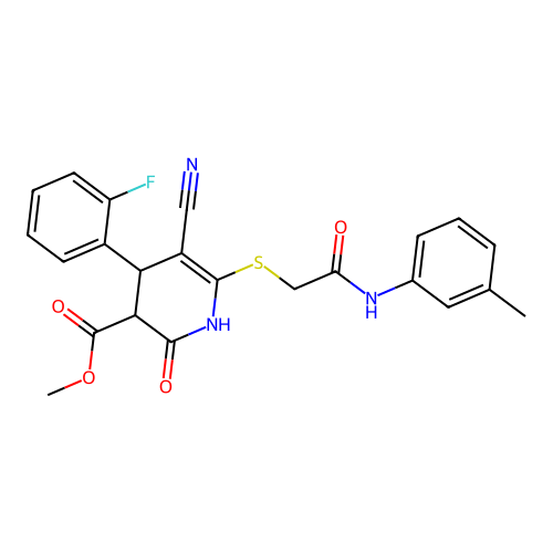 methyl 5-cyano-4-(2-fluorophenyl)-2-hydroxy-6-({2-[(3-methylphenyl)amino]-2-oxoethyl}sulfanyl)-3,4-dihydropyridine-3-carboxylate structure