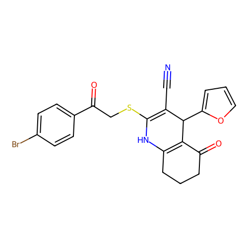 2-((2-(4-bromophenyl)-2-oxoethyl)thio)-4-(furan-2-yl)-5-oxo-1,4,5,6,7,8-hexahydroquinoline-3-carbonitrile structure