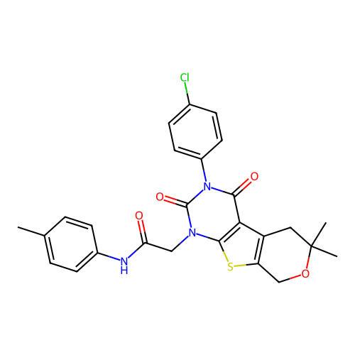 2-(3-(4-chlorophenyl)-6,6-dimethyl-2,4-dioxo-2,3,4,5,6,8-hexahydro-1H-pyrano[4',3':4,5]thieno[2,3-d]pyrimidin-1-yl)-N-(p-tolyl)acetamide structure