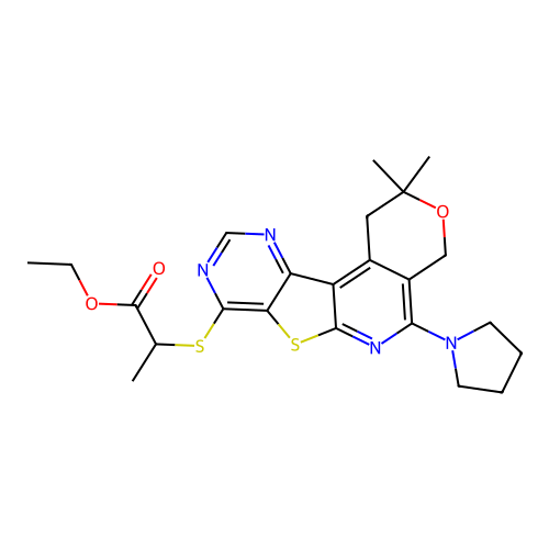 ethyl 2-((2,2-dimethyl-5-(pyrrolidin-1-yl)-2,4-dihydro-1H-pyrano[4'',3'':4',5']pyrido[3',2':4,5]thieno[3,2-d]pyrimidin-8-yl)thio)propanoate structure