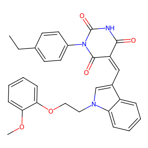 (5Z)-1-(4-ethylphenyl)-5-({1-[2-(2-methoxyphenoxy)ethyl]-1H-indol-3-yl}methylidene)pyrimidine-2,4,6(1H,3H,5H)-trione structure