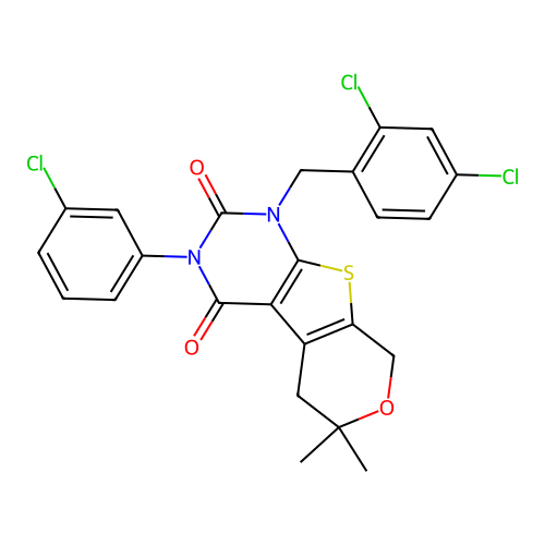 3-(3-chlorophenyl)-1-(2,4-dichlorobenzyl)-6,6-dimethyl-1,5,6,8-tetrahydro-2H-pyrano[4',3':4,5]thieno[2,3-d]pyrimidine-2,4(3H)-dione structure