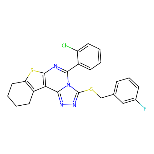 5-(2-chlorophenyl)-3-((3-fluorobenzyl)thio)-8,9,10,11-tetrahydrobenzo[4,5]thieno[3,2-e][1,2,4]triazolo[4,3-c]pyrimidine structure