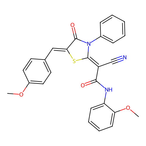 (Z)-2-cyano-2-((Z)-5-(4-methoxybenzylidene)-4-oxo-3-phenylthiazolidin-2-ylidene)-N-(2-methoxyphenyl)acetamide structure