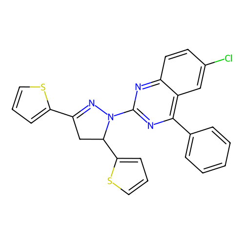 6-chloro-2-(3,5-di(thiophen-2-yl)-4,5-dihydro-1H-pyrazol-1-yl)-4-phenylquinazoline structure