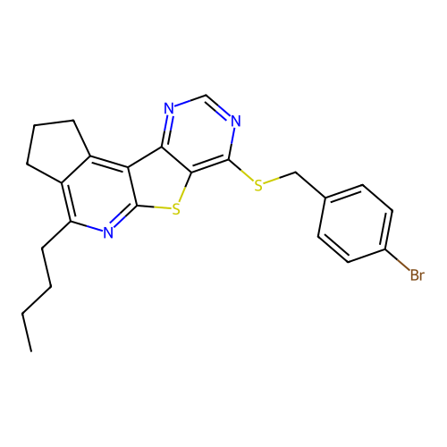 7-((4-bromobenzyl)thio)-4-butyl-2,3-dihydro-1H-cyclopenta[4',5']pyrido[3',2':4,5]thieno[3,2-d]pyrimidine structure