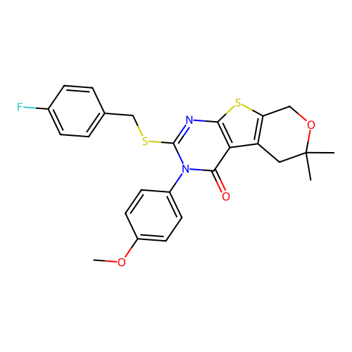 2-((4-fluorobenzyl)thio)-3-(4-methoxyphenyl)-6,6-dimethyl-5,6-dihydro-3H-pyrano[4',3':4,5]thieno[2,3-d]pyrimidin-4(8H)-one structure