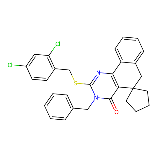 3-benzyl-2-((2,4-dichlorobenzyl)thio)-3H-spiro[benzo[h]quinazoline-5,1'-cyclopentan]-4(6H)-one structure