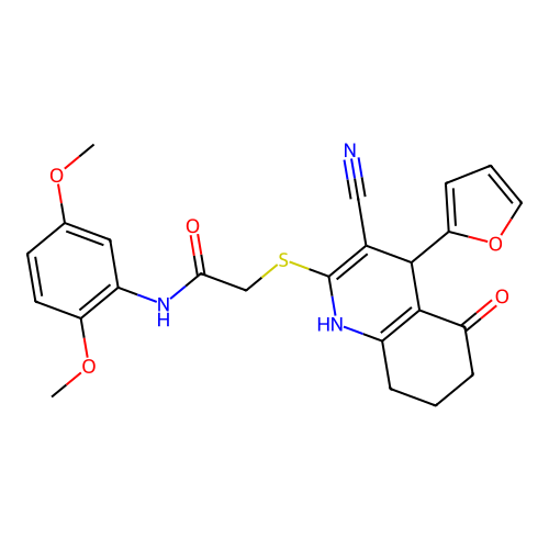2-((3-cyano-4-(furan-2-yl)-5-oxo-1,4,5,6,7,8-hexahydroquinolin-2-yl)thio)-N-(2,5-dimethoxyphenyl)acetamide structure