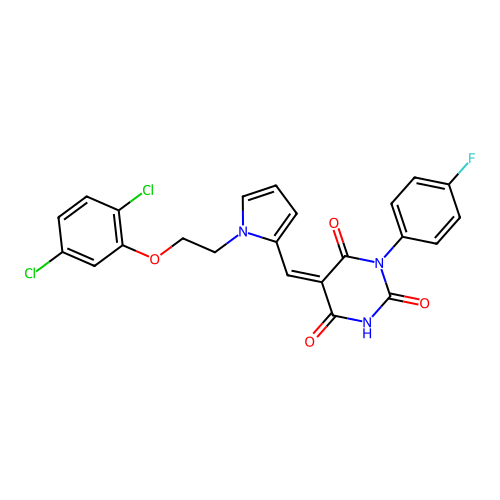 (5Z)-5-[[1-[2-(2,5-dichlorophenoxy)ethyl]pyrrol-2-yl]methylidene]-1-(4-fluorophenyl)-1,3-diazinane-2,4,6-trione structure