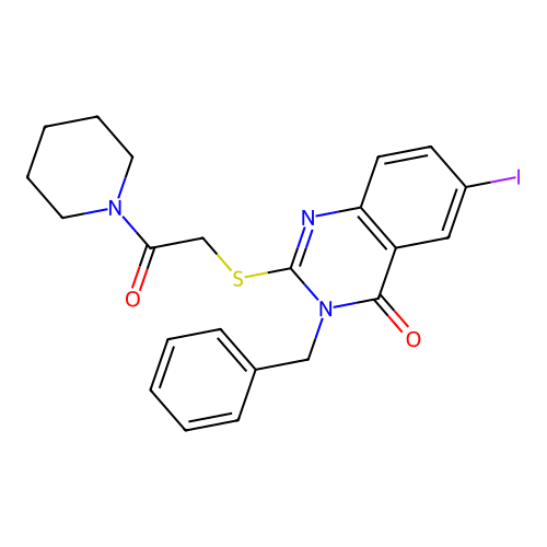 3-benzyl-6-iodo-2-{[2-oxo-2-(piperidin-1-yl)ethyl]sulfanyl}quinazolin-4(3H)-one structure