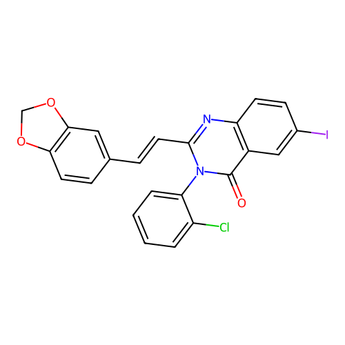 2-[(E)-2-(1,3-benzodioxol-5-yl)ethenyl]-3-(2-chlorophenyl)-6-iodoquinazolin-4(3H)-one structure