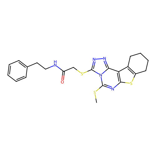 2-((5-(methylthio)-8,9,10,11-tetrahydrobenzo[4,5]thieno[3,2-e][1,2,4]triazolo[4,3-c]pyrimidin-3-yl)thio)-N-phenethylacetamide structure