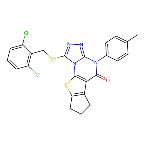 1-((2,6-dichlorobenzyl)thio)-4-(p-tolyl)-7,8-dihydro-4H-cyclopenta[4,5]thieno[3,2-e][1,2,4]triazolo[4,3-a]pyrimidin-5(6H)-one structure
