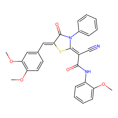 (Z)-2-cyano-2-((Z)-5-(3,4-dimethoxybenzylidene)-4-oxo-3-phenylthiazolidin-2-ylidene)-N-(2-methoxyphenyl)acetamide structure