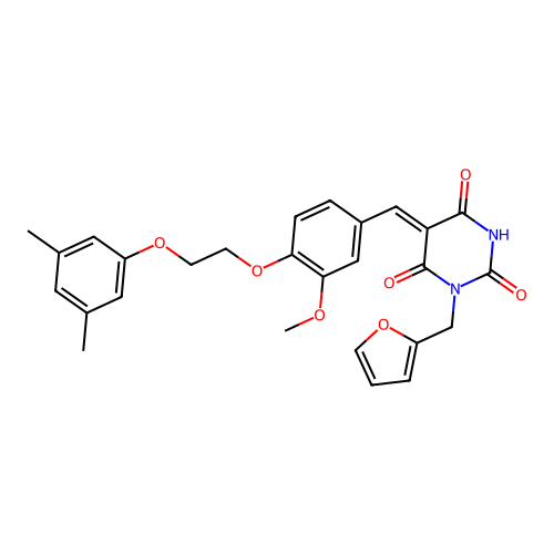 (5Z)-5-[[4-[2-(3,5-dimethylphenoxy)ethoxy]-3-methoxyphenyl]methylidene]-1-(furan-2-ylmethyl)-1,3-diazinane-2,4,6-trione structure