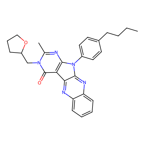 11-(4-butylphenyl)-2-methyl-3-((tetrahydrofuran-2-yl)methyl)-3H-pyrimido[5',4':4,5]pyrrolo[2,3-b]quinoxalin-4(11H)-one structure