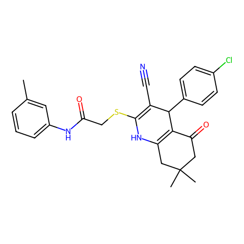 2-((4-(4-chlorophenyl)-3-cyano-7,7-dimethyl-5-oxo-1,4,5,6,7,8-hexahydroquinolin-2-yl)thio)-N-(m-tolyl)acetamide structure