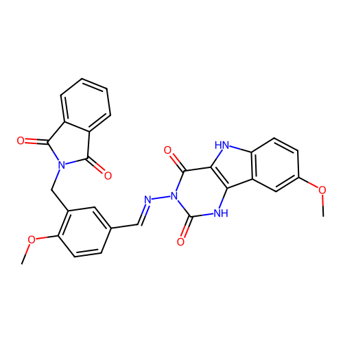 (E)-3-((3-((1,3-dioxoisoindolin-2-yl)methyl)-4-methoxybenzylidene)amino)-8-methoxy-1H-pyrimido[5,4-b]indole-2,4(3H,5H)-dione structure