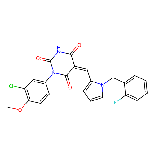 (5Z)-1-(3-chloro-4-methoxyphenyl)-5-[[1-[(2-fluorophenyl)methyl]pyrrol-2-yl]methylidene]-1,3-diazinane-2,4,6-trione structure