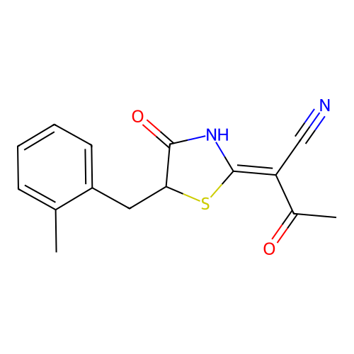 (Z)-2-(5-(2-methylbenzyl)-4-oxothiazolidin-2-ylidene)-3-oxobutanenitrile structure